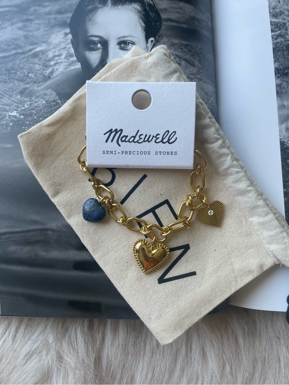 Madewell Gold Heart Charm Bracelet with Blue Stone Bead